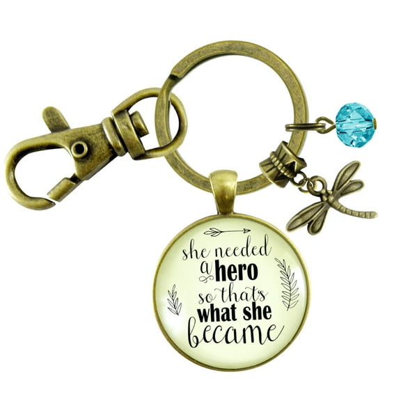 Dragonfly Gutsy Goodness Bronze Keychain She Needed a Hero Quote Jewelry Strong Women Mantra Teal Bead