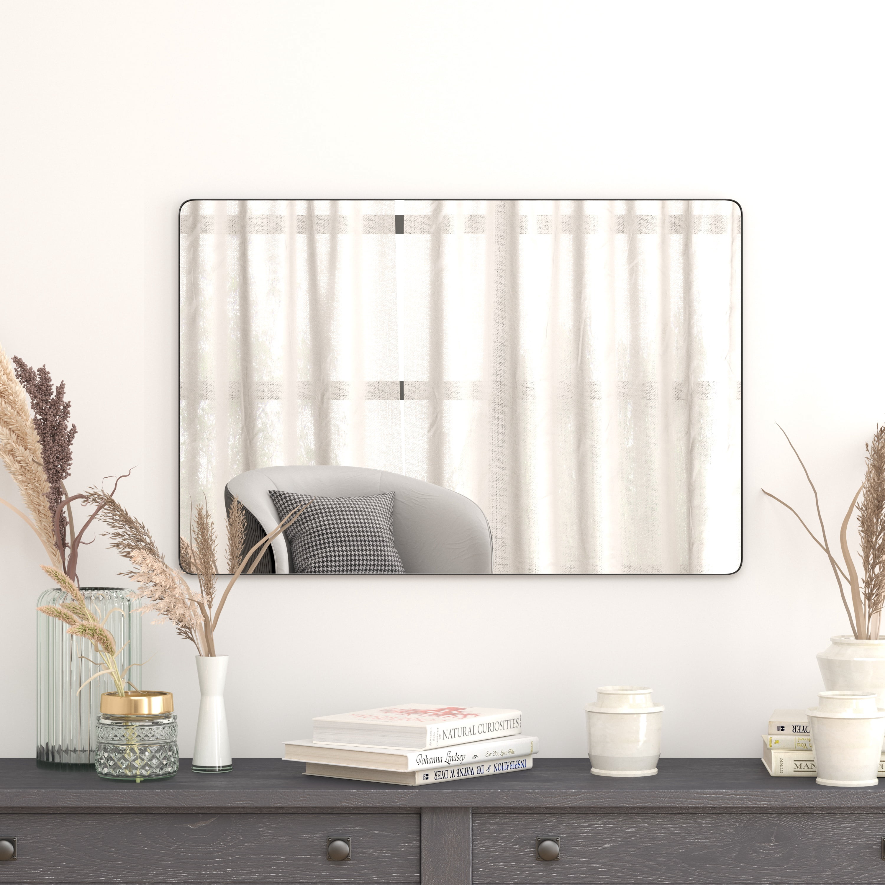BizChair 24" x 36" Decorative Wall Mirror - Rounded Corners, Bathroom &  Living Room Glass Mirror Hangs Horizontal Or Vertical, Black - Walmart.com