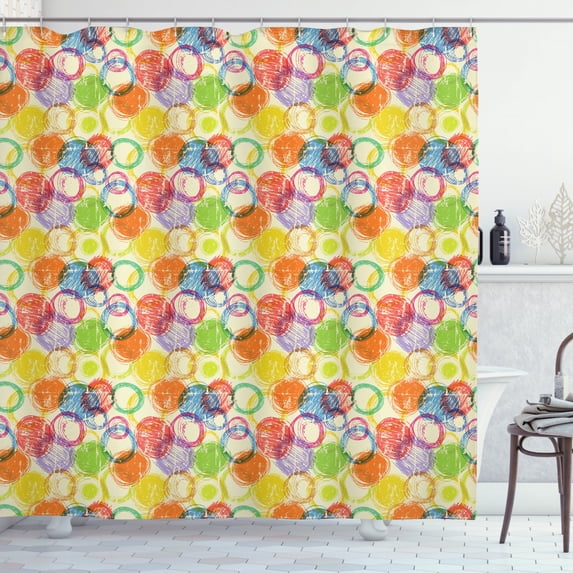 Modern Art Shower Curtain, Pastel Rough Scribble Look Overlapping Circles Grungy Irregular Composition, Fabric Bathroom Set with Hooks, 69W X 70L Inches, Multicolor, by Ambesonne