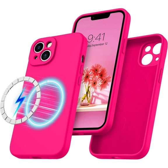 iPhone 13 Case, iPhone 13 Liquid Silicone Magnetic Phone Case Compatible with Magsafe, with Microfiber Lining Case for iPhone 13, Hot Pink