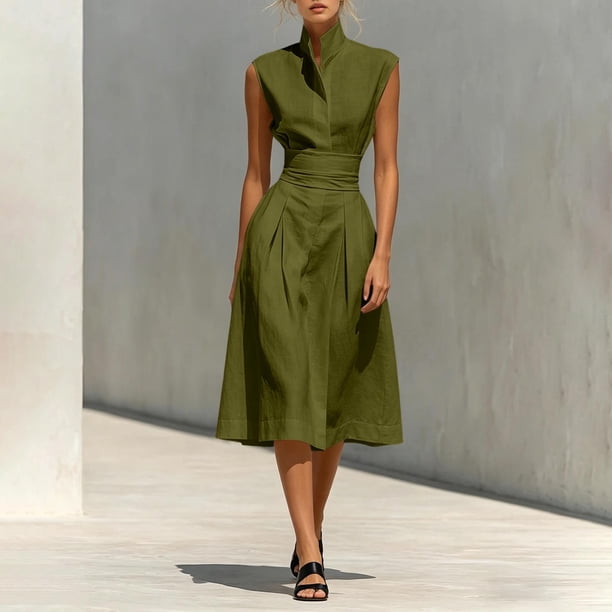 green business dress Kelly neck and pleated front details shows your femininity Allegra K 3/4 Sleeve Notch