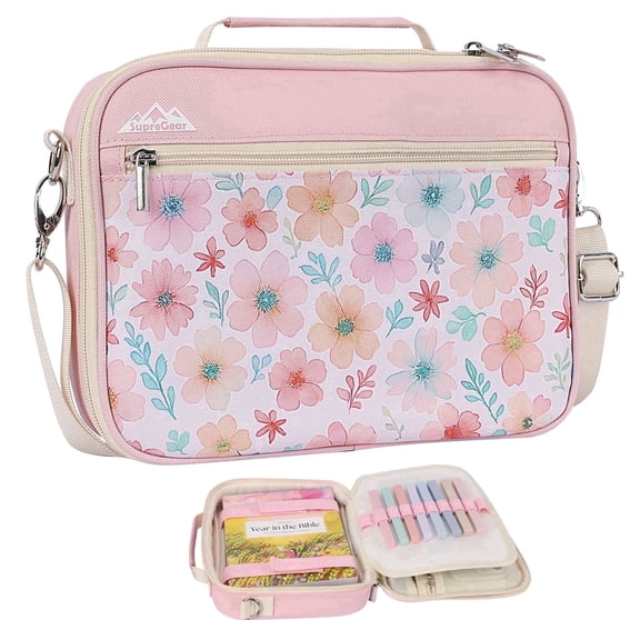 SupreGear Bible Cover Tote Bag, Quilted Floral Organizer with Shoulder Strap, Handle & Storage Pockets, Pink