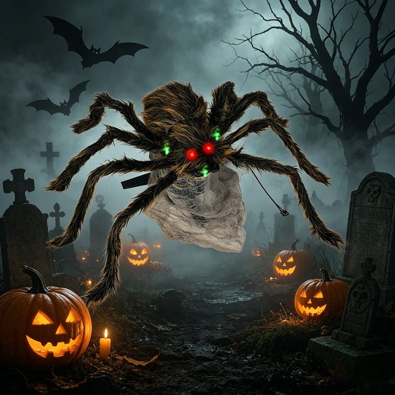 Halloween Animated Jumping Spider Decoration, Scary Electric Bouncing Spider with Sound and Light Effects, Realistic Plush Spider Prop for Haunted Houses, Parties, Yards, and Indoor/Outdoor Decor