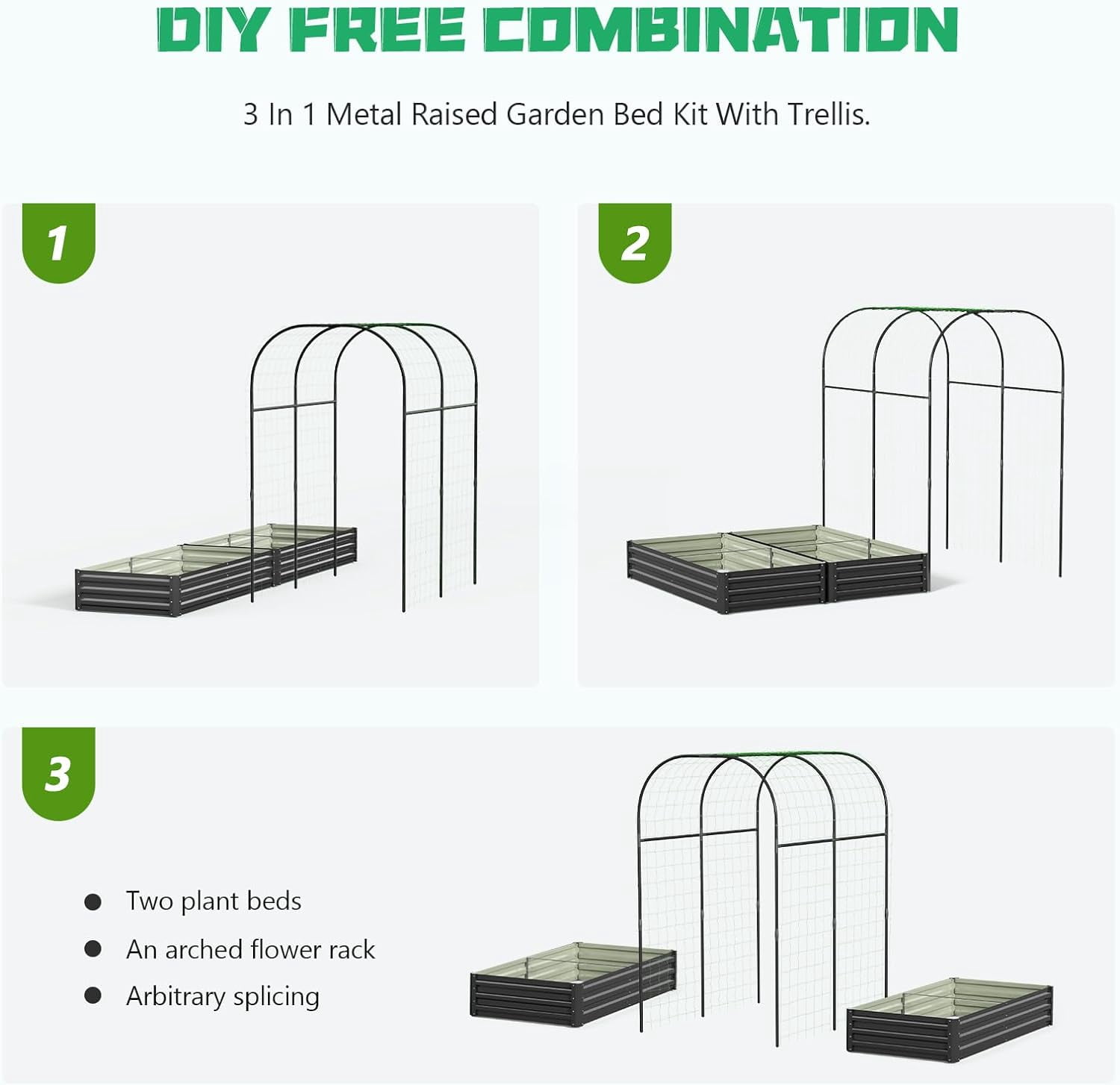 Slsy 3 in 1 Galvanized Raised Garden Bed with 87in Tall Arch Trellis for Climbing Plants, Galvanized Planter Garden Box Outdoor for Gardening,Black