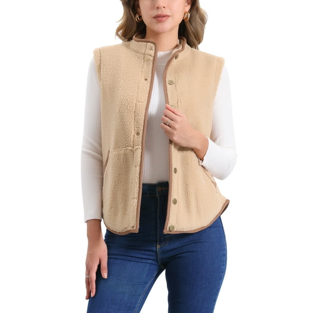 Chaleco de forro polar para mujer INSPIRE CHIC con bolsillos, sin mangas, abotonado, moda de otoño e invierno 2024, chaleco suave M marrón
