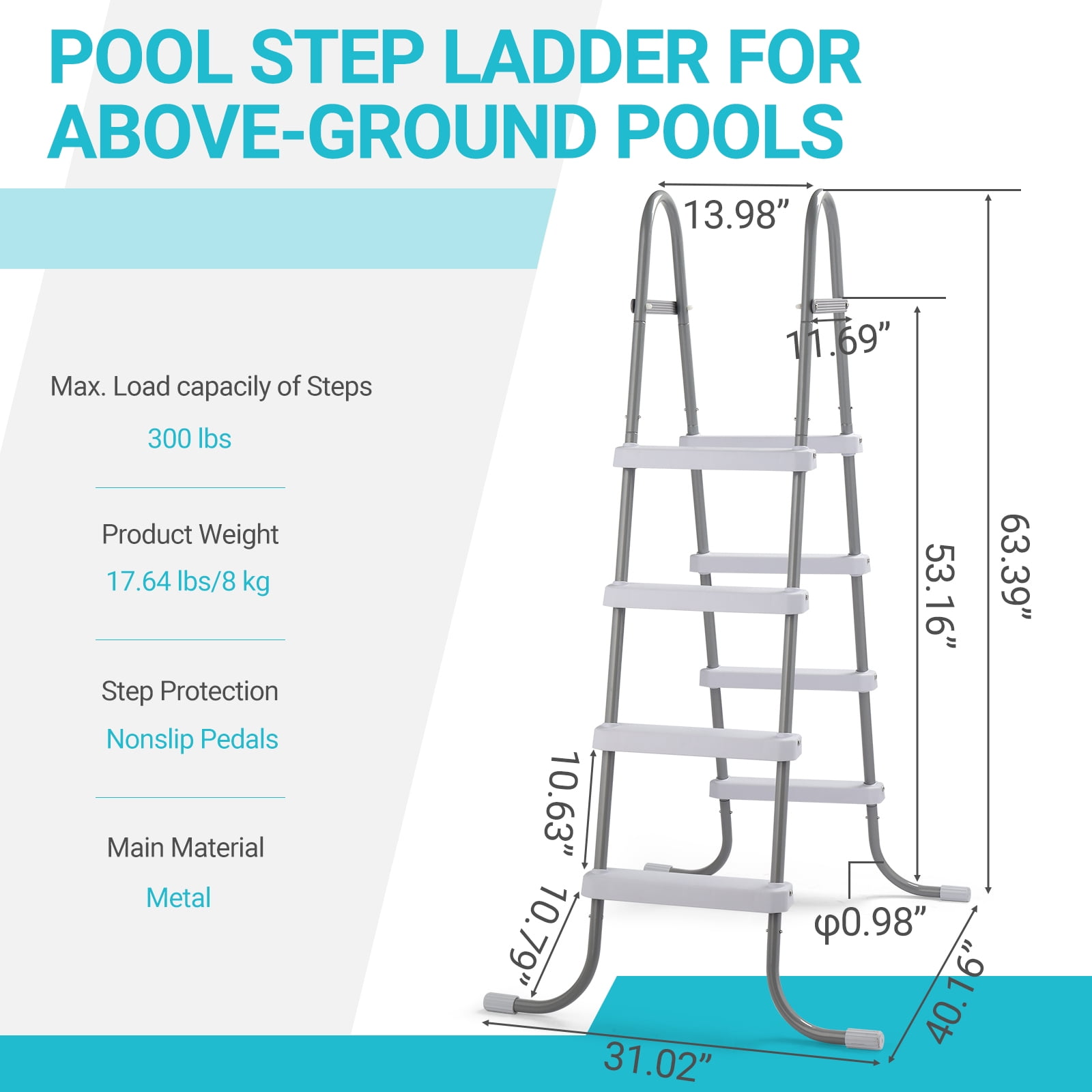 Ktaxon 52" 4Step Steel Frame Above Ground Swimming Pool Ladder,Heavy Duty Double Sided Removable Pool Steps with Ladder Escape