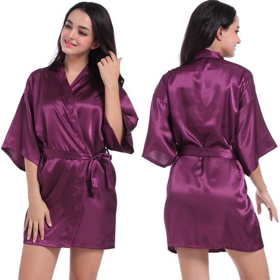 Fjuchai Women's Silk Satin Robes Silky Night-Robe Short Bathrobe Sleepwear Short Robe Solid Color Pjs S-XXL