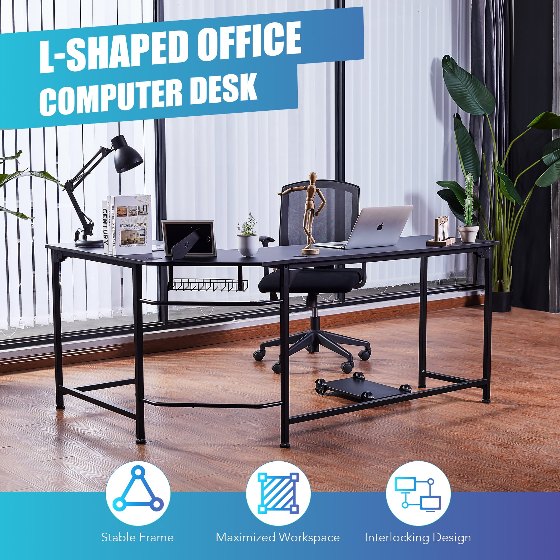 L Shaped Computer Corner Desk with Tower Shelf & Cable Management