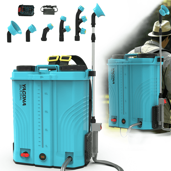 Yacona Powered Backpack Sprayer, Weed Sprayer with 6 Multifunctional Nozzles, Electric Sprayer with Wand for Lawn, Garden, Yard, Blue