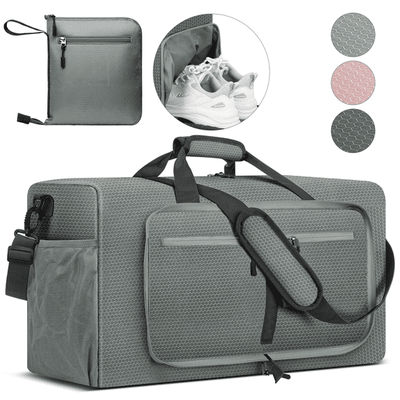 DAKOMM 65L Travel Duffle Bag with Shoes Compartment, Weekender Overnight Bag for Women Men, Foldable Travel Duffel Bag Sports Tote Gym Bag Hospital Mom Tote Bag for Labor and Delivery Gray