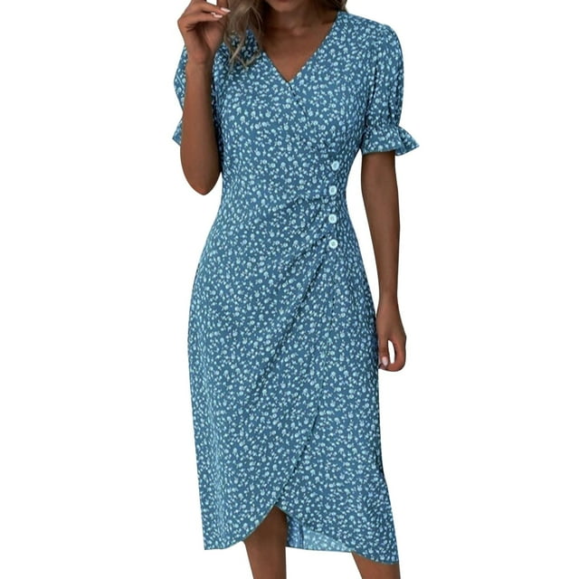 Zmoon Women's Button V-Neck Puff Sleeve Irregular Hem Dress