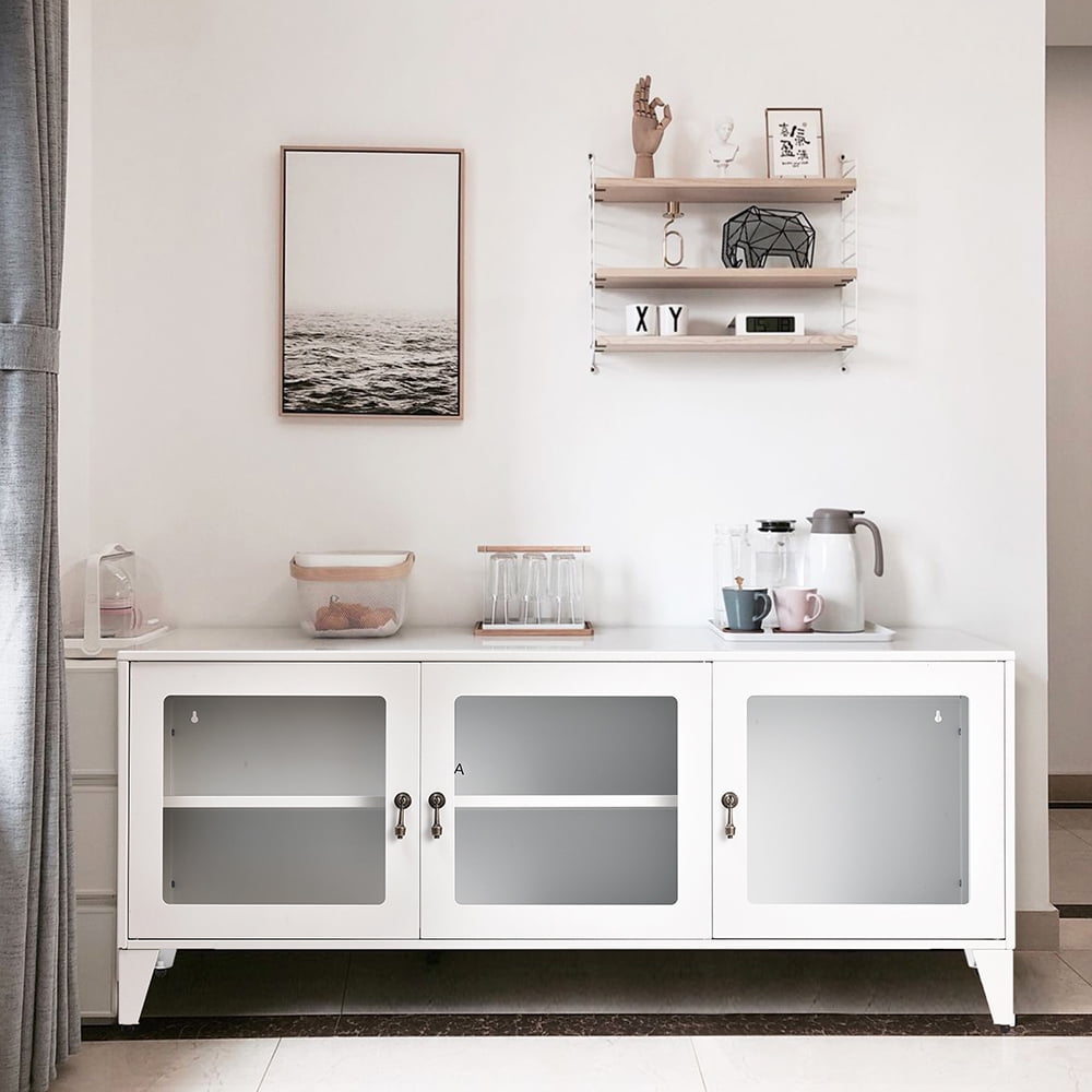 Private Jungle Modern TV Stand for TVs up to 55", Console Storage Cabinet Shelf with 3 Glass Door-White Private Jungle Modern TV Stand for TVs up to 55", Console Storage Cabinet Shelf with 3 Glass Door-White