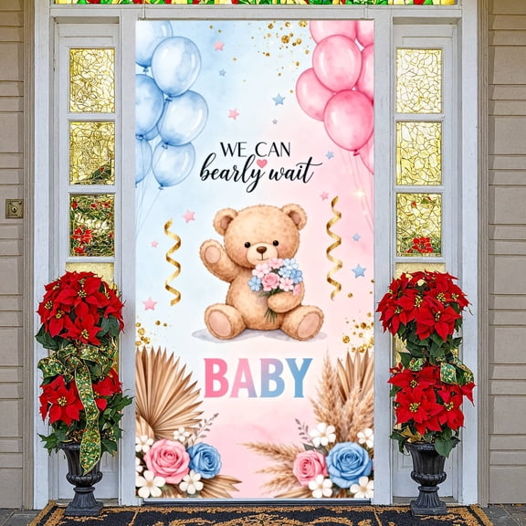 Cute Teddy Bear Banner Pink Blue Floral Backdrop Gold Glitter Display for Baby Shower Gender Reveal Party Indoor Photo Shoot