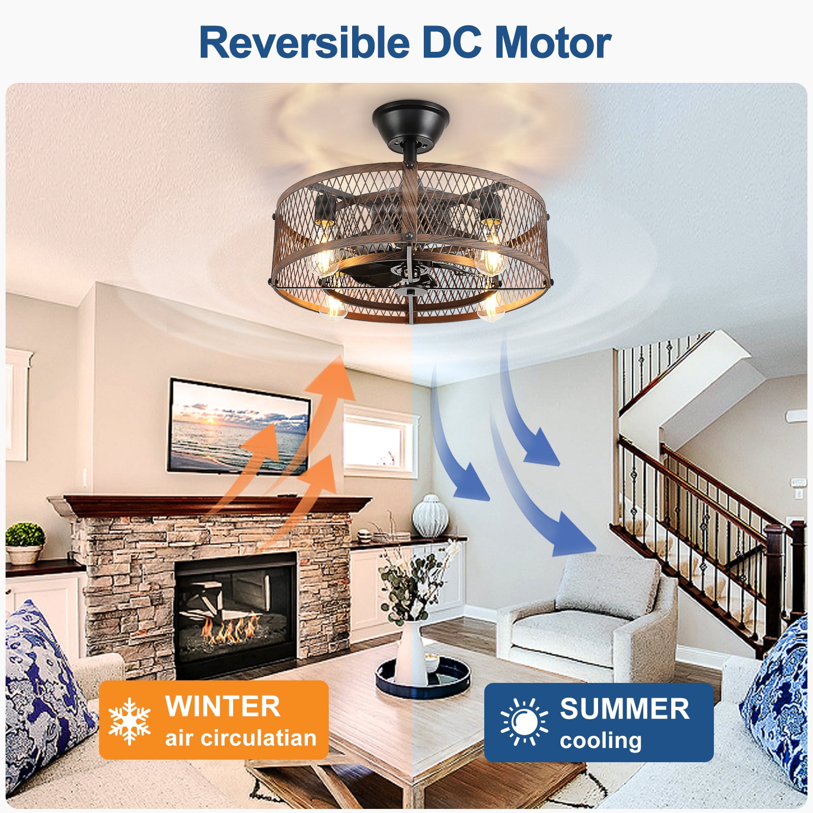 20-Inch Walnut Outdoor Ceiling Fan with Light: Ceiling Fan with Smart Remote Control, Farmhouse Cage Design, 6-Speed Reversible - Flush Mount for Patio, Kitchen, Bedroom