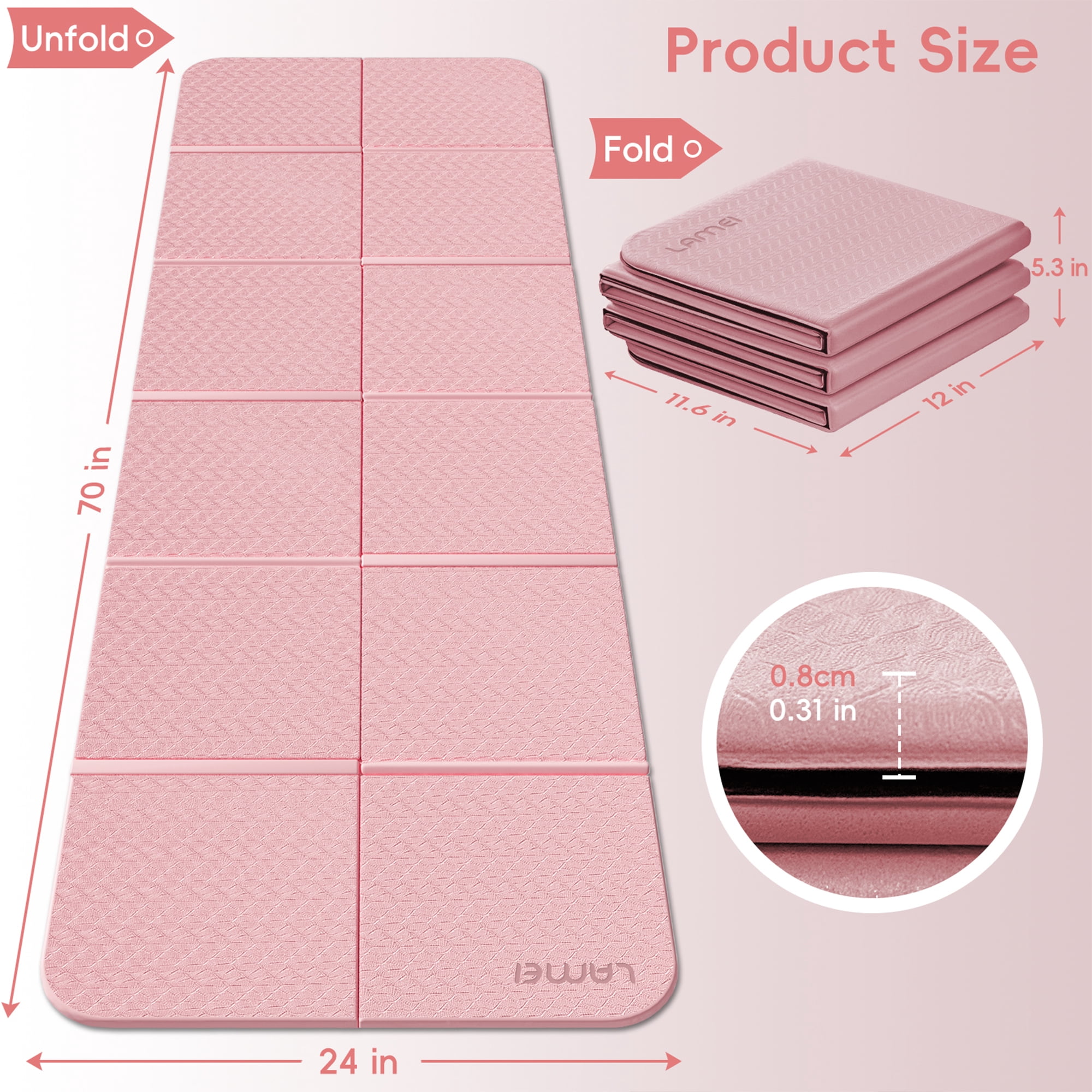 LAMEI Foldable Yoga Mat for Travel, 6mm Thick TPE Pilates Mat Thick, Non Slip Folding Exercise Mats for Home Workout with Bag(Pink+Black)