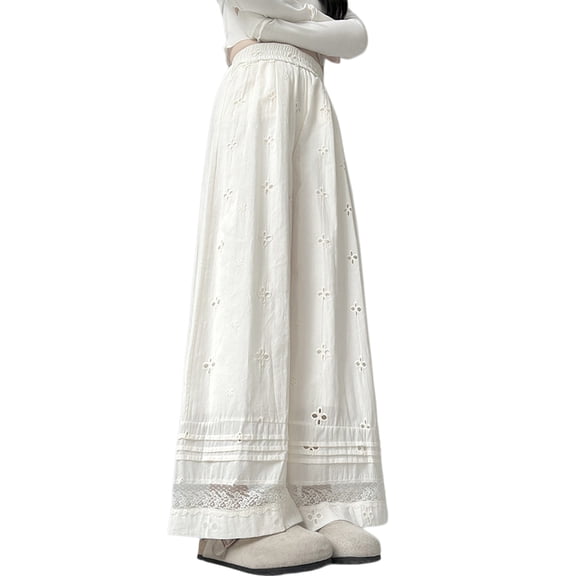 Women'S High Wide Leg Pants with Eyelet Embroidery Elastic Waist Lace Trim XL