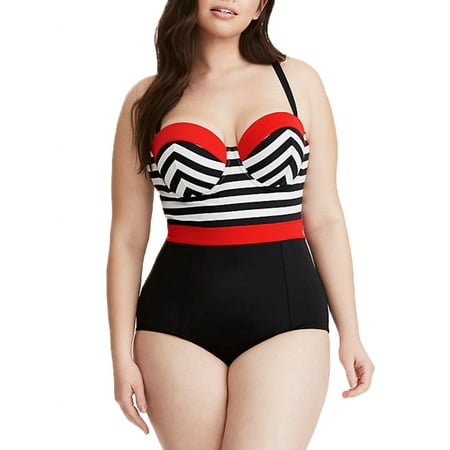 Oversized Women Striped One Piece Swimsuit Strappy Monokini Bathing Swimwear