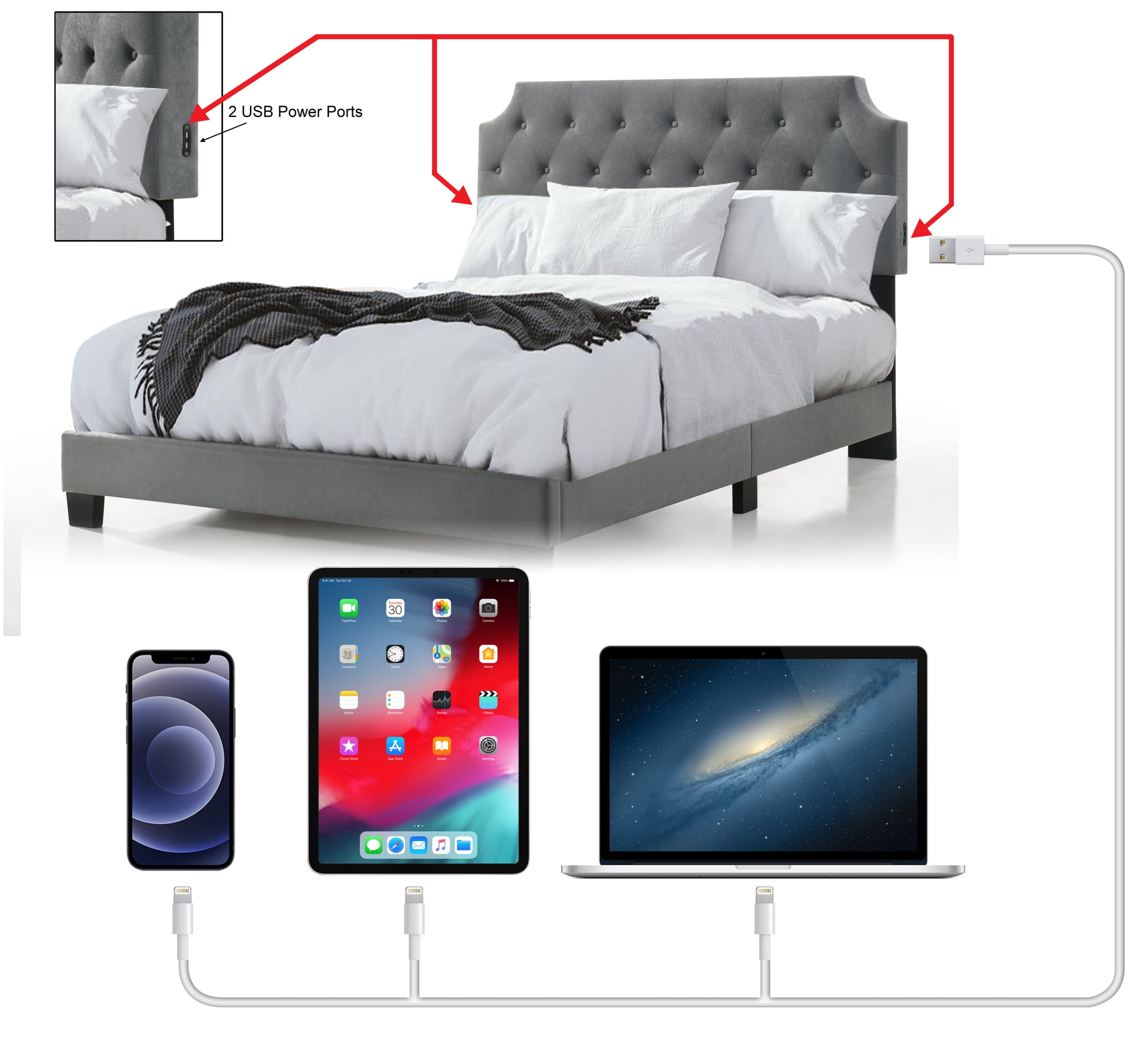 Regal Tufted Bed with USB Power Connection