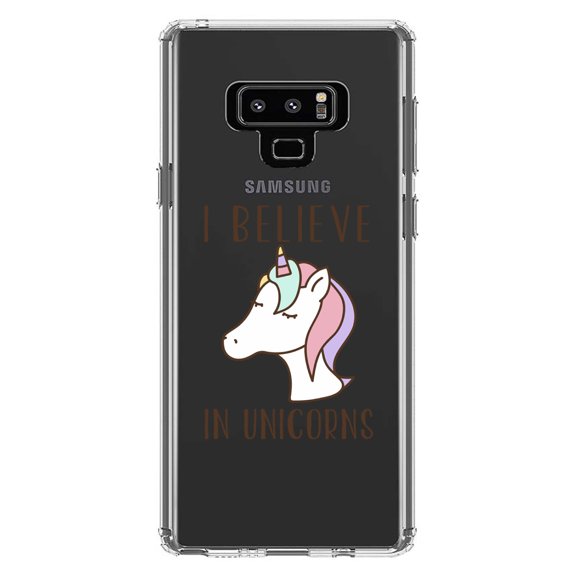 DistinctInk Clear Shockproof Hybrid Case for Samsung Galaxy Note 9 - TPU Bumper Acrylic Back Tempered Glass Screen Protector - I Believe in Unicorns