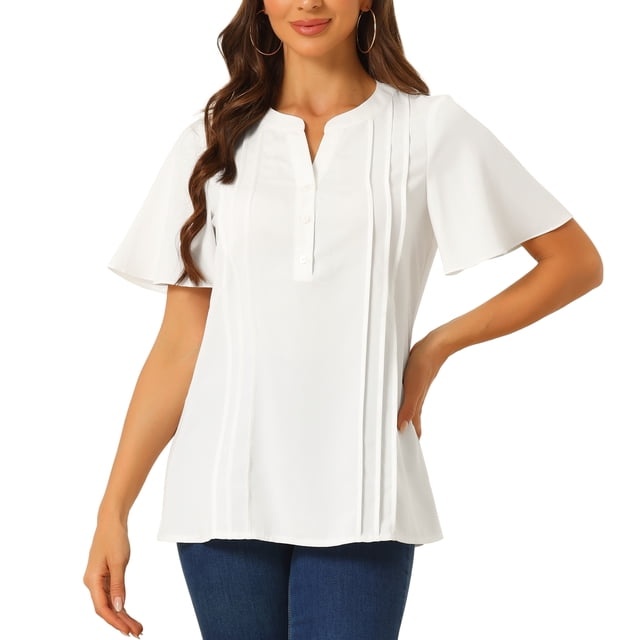 INSPIRE CHIC V Cuello Blusas para Mujeres Elegantes Casual Tops Camisas Botón Abajo Negocios Trabajo Manga Corta T Shirt Blanca XS
