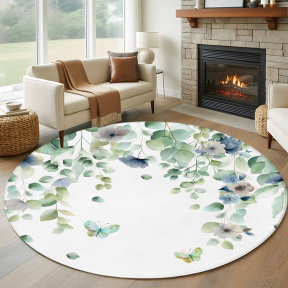 Round Area Rugs Collection 8 Ft, Sage Green Eucalyptus Non-Slip Residential Carpet, Weeping Botanical Farmhouse Leaves Indoor Crawling Mats Runner Rugs for Living Room/Dining Room/Bedroom