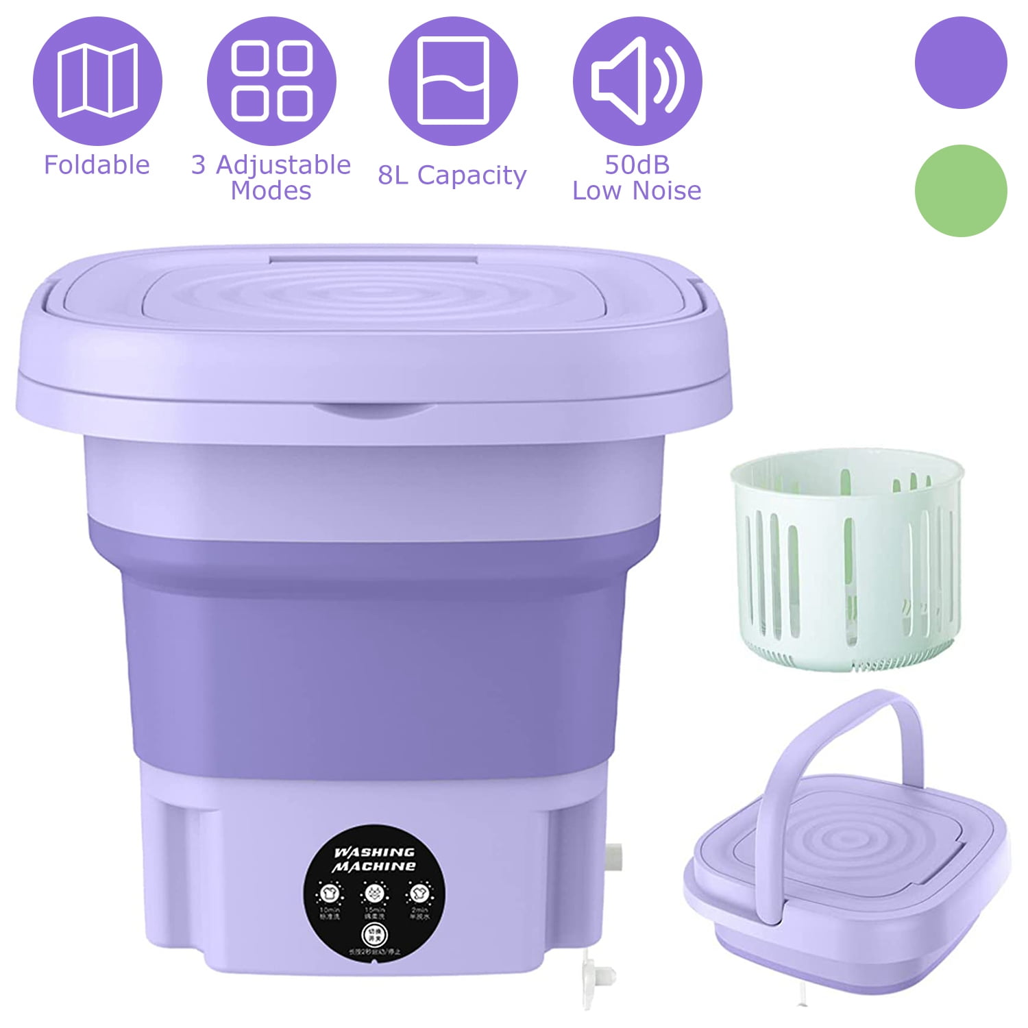 Moclever Portable Washing Machine, Foldable Personal Washing Machine 8L Capacity with Detachable Drain Basket 3 Modes for Underwear Socks Towels Baby Clothes, Purple