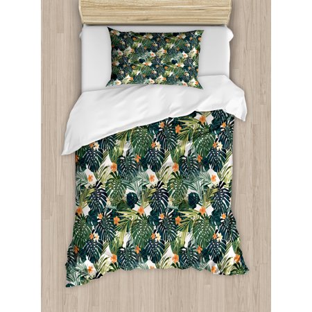 Green Duvet Cover Set Hawaiian Summer Aloha Pattern With Tropical