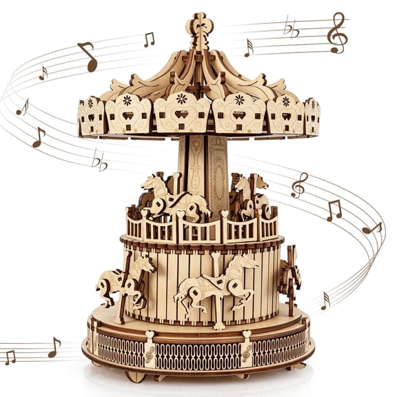 BELEEV 3D Wooden Puzzle Carousel Music Box,DIY Wood Model Kit with Moving Horses,11.6" Self-Assembling Craft,No Glue Required,Nostalgic Home Decor Display,Unique Christmas Gift for Adults Teens