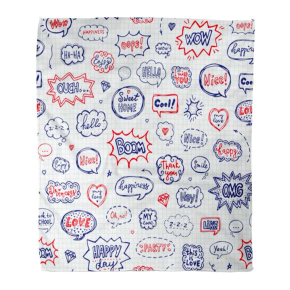 POGLIP Flannel Throw Blanket Burst in School of Speech Bubbles Words Over Squared Soft for Bed Sofa and Couch 58x80 Inches