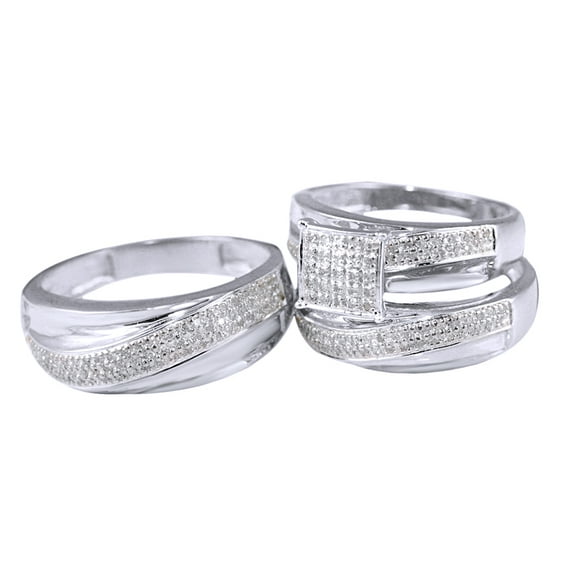 AFFY White Natural Diamond Engagement & Wedding Trio Band Ring Set In 10k White Gold (0.75 Cttw)