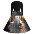 thumbnail image 6 of Karymi Plus Size Dresses Halloween Print Swing Midi Dress, Solid Crew Neck Long Sleeve Satin Bow Waist Vintage A Line Party Costume Dress Maxi Dresses for Women, 6 of 6