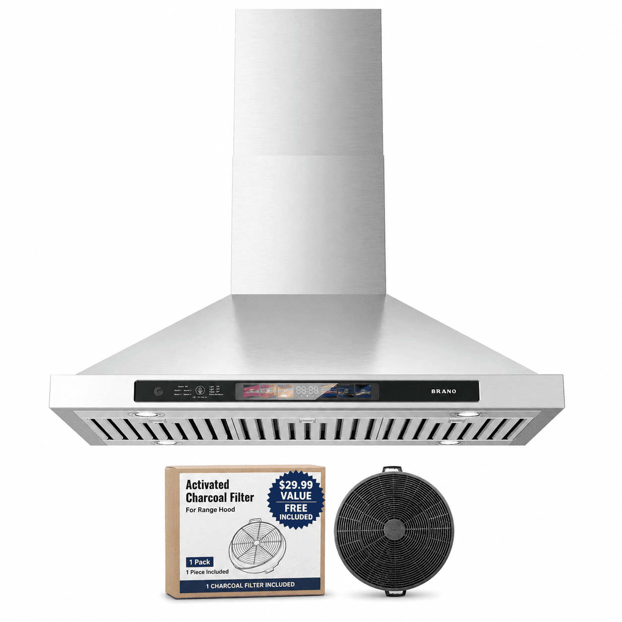 BRANO 30 Inch Wall Mount Range Hood, 900 CFM Ducted/Ductless Convertible Kitchen Vent Hood, 4-Speed, Voice/Gesture/Touch Control, LED Lights, Charcoal Filter