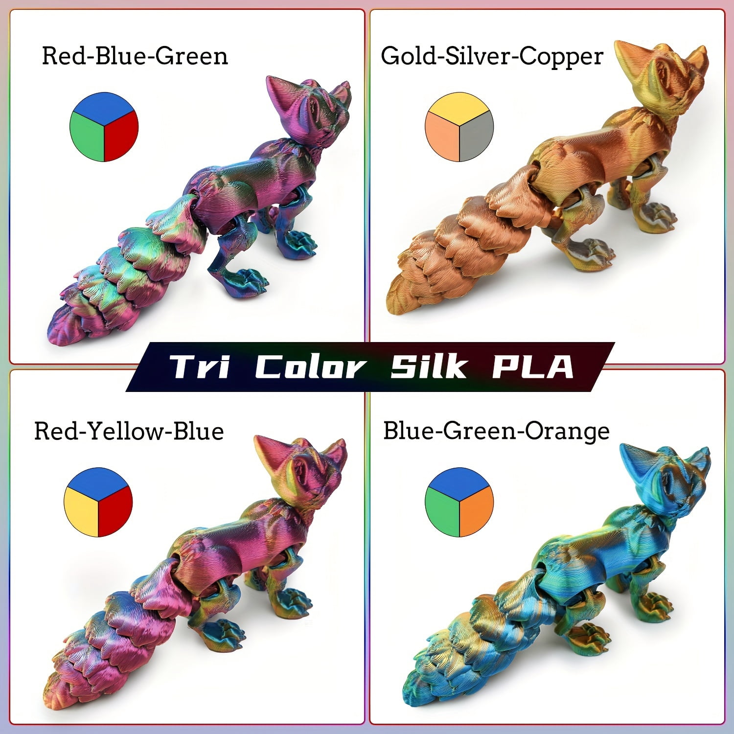 0.55LB x 4 PLA Filament 1.75mm, Tri-Colors 3D Printer Filament, Rainbow PLA Filament Bundle, Coextrusion 3D Filament with PLA Color Change, 250g X 4 Spool, Total 1kg/ 2.2lbs