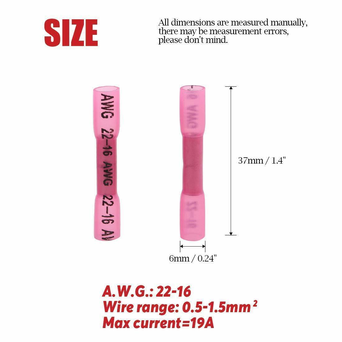 1000PCS Red AWG Heat Shrink Butt Wire Connectors Crimp Terminals 16-22 Gauge US
