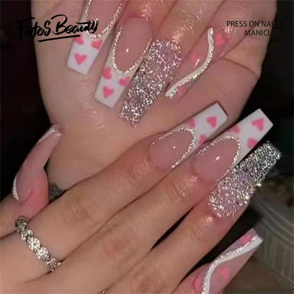 Fofosbeauty 24pcs Press on False Nails Tips,Coffin Fake Acrylic Nails,French Heart Silver