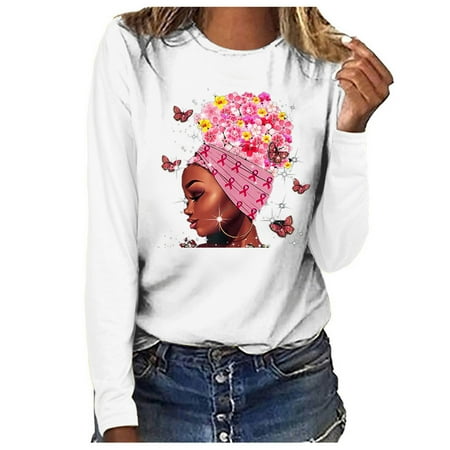 

Women Breast Cancer Pink Ribbon Sweatshirt Long Sleeve Printed Pullover Crewneck Casual Loose Shirt Fashion Long Sleeve Comfy Tunic Blouse Top for Ladies