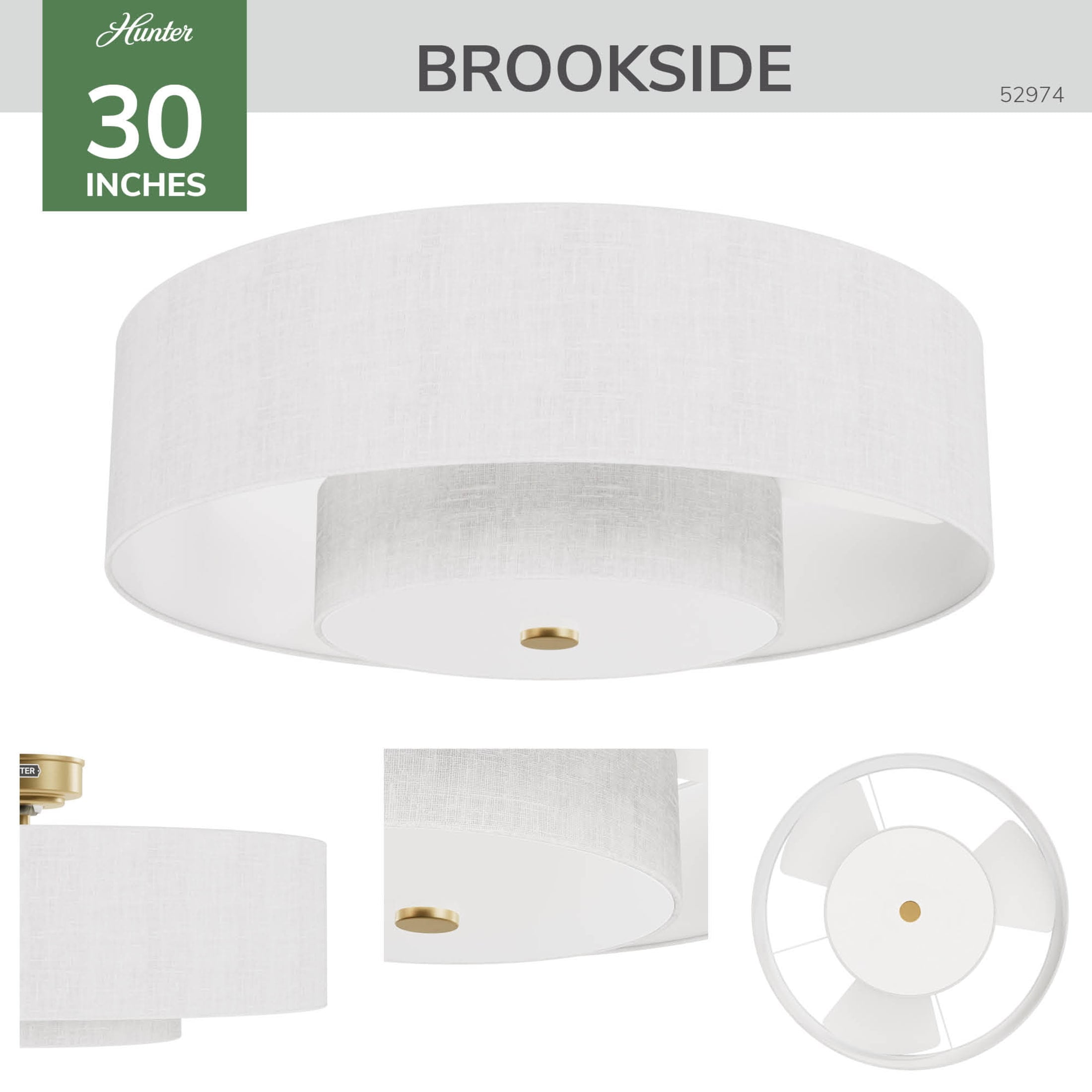 Hunter - Brookside Indoor Ceiling Fan With Light, Remote, 30-inch, Luxe Gold, Casual-style, 3-speed WhisperWind Motor, 52974, for living rooms, bedrooms, home offices, kitchens