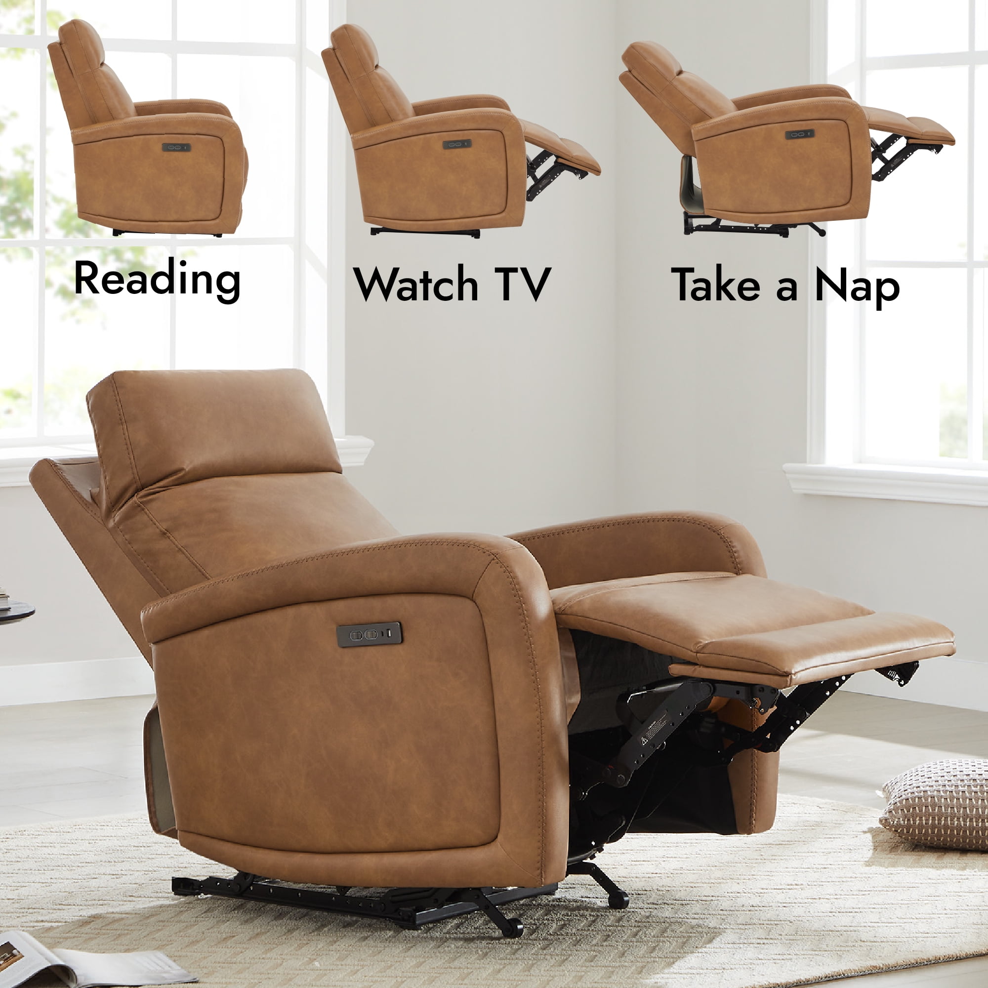 CHITA Electric Power Recliner, Zero Wall Hugger Recliners RV Recliners for Small Space Living Room, Faux Leather Single Sofa Chair with Adjustable Headrest USB&Type-C Charge, Cognac Brown