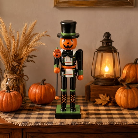 Halloween Decorations Nutcracker Pumpkin Figurine - Wooden Soldier Figure with Carved Pumpkin Head, Festive Halloween Home Decor for Mantel Shelf, Indoor Fall Display,As Show