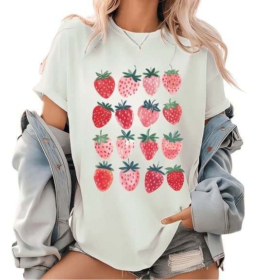 White Watercolor Strawberry Graphic Tees Print Tshirt Women Shirts Fruity S-5XL Cotton Casual Tops
