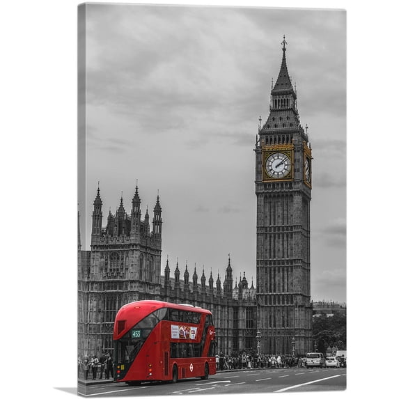 ARTCANVAS Doubledecker Red Bus In London England Big Ben Canvas Art Print - Size: 60" x 40" (0.75" Deep) (3-Piece)