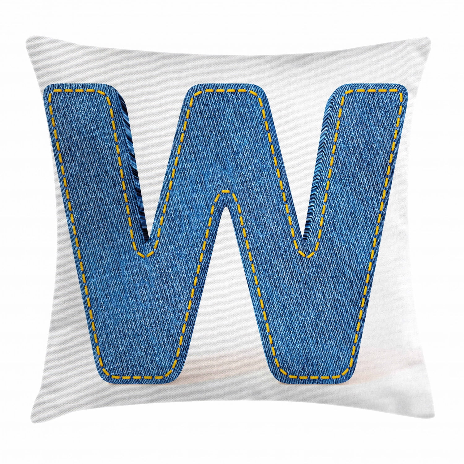 Letter W Throw Pillow Cushion Cover, Symmetrical Latin Letter Capital W with Blue Jean Pattern
