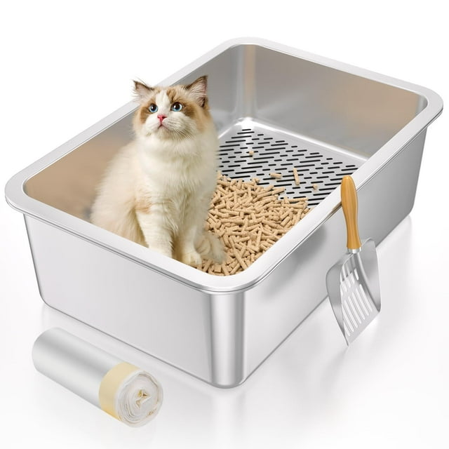 Caja de arena tamizadora de acero inoxidable, caja de arena para gatos para pellets de pino de madera, sistema de bandeja de arena de tamiz XL, control de olor, fácil de limpiar, con revestimientos de