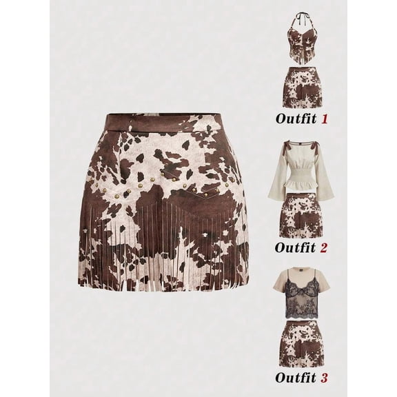 Multicolor Cow Print Suede A-Line Mini Skirt With Fringe And Studs