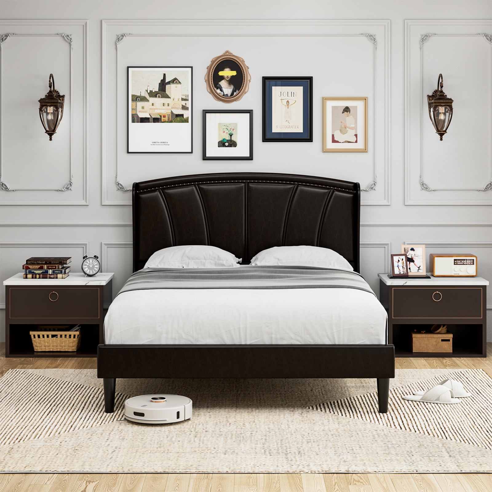 Homfa Queen Size Platform Bed Frame, PU Faux Leather Scallop Shape ...