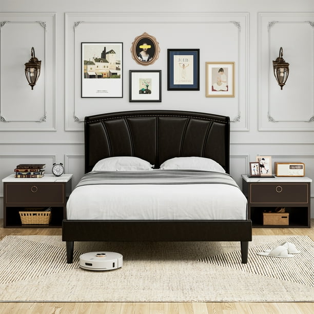 Homfa Queen Size Platform Bed Frame, PU Faux Leather Scallop Shape