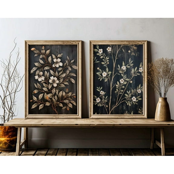 UNFFRAMED Black Floral Print, Floral Farmhouse, Set Of 2, Vintage Flower Print, Black, Country, Botanical Art, Modern Wall Decor Set 2 Prints 8x12