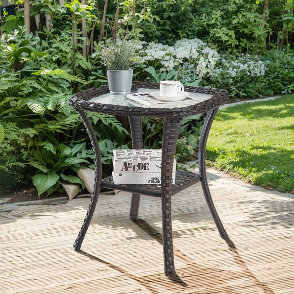 POCASSY Wicker Rattan Side Table With Built-In Glass