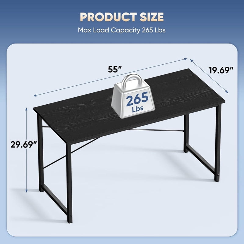 Kelno 55" Computer Desk Gaming Table Home Office Writing Study Workstation with Sturdy Metal Frame, Black