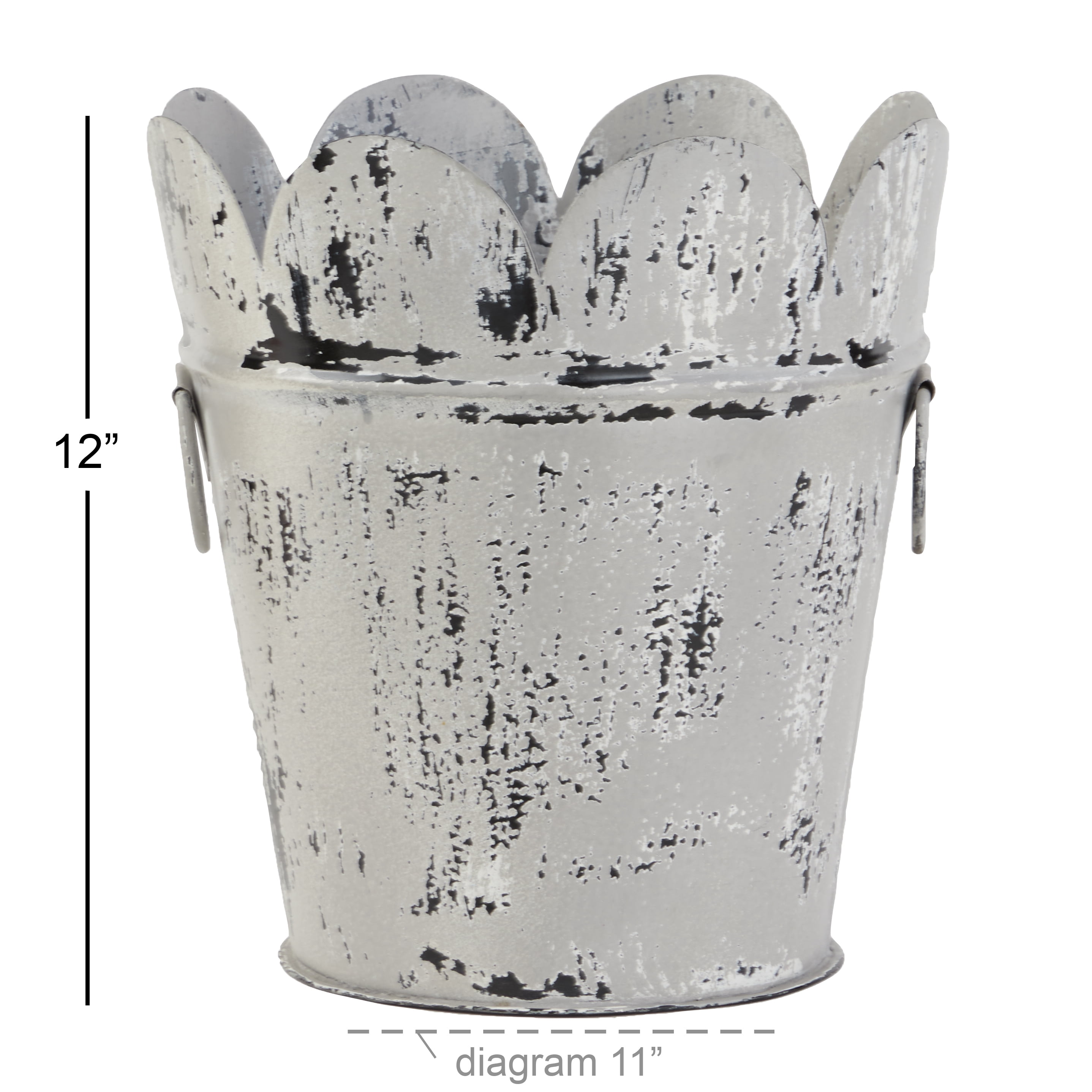 Decmode Farmhouse Style Distressed White Metal Scalloped Bucket Planter with Handles, 11” x 12”
